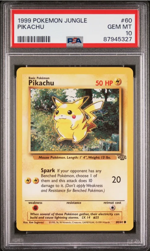 PSA 10 slab of the 1999 Jungle Pikachu, the classic yellow mouse in tall grass